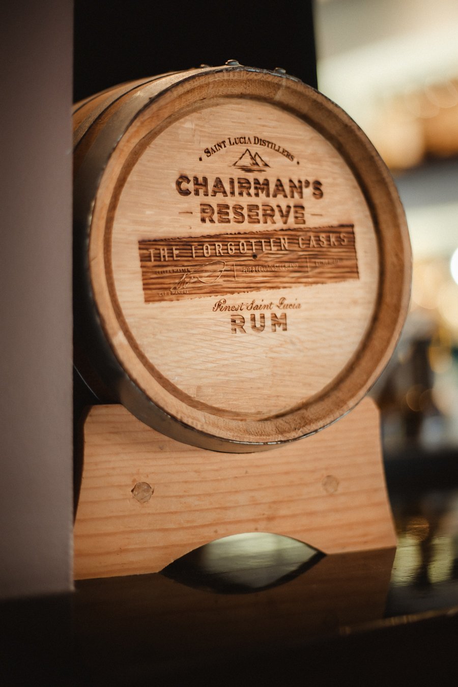 Close-up of a wooden Chairman's Reserve rum cask